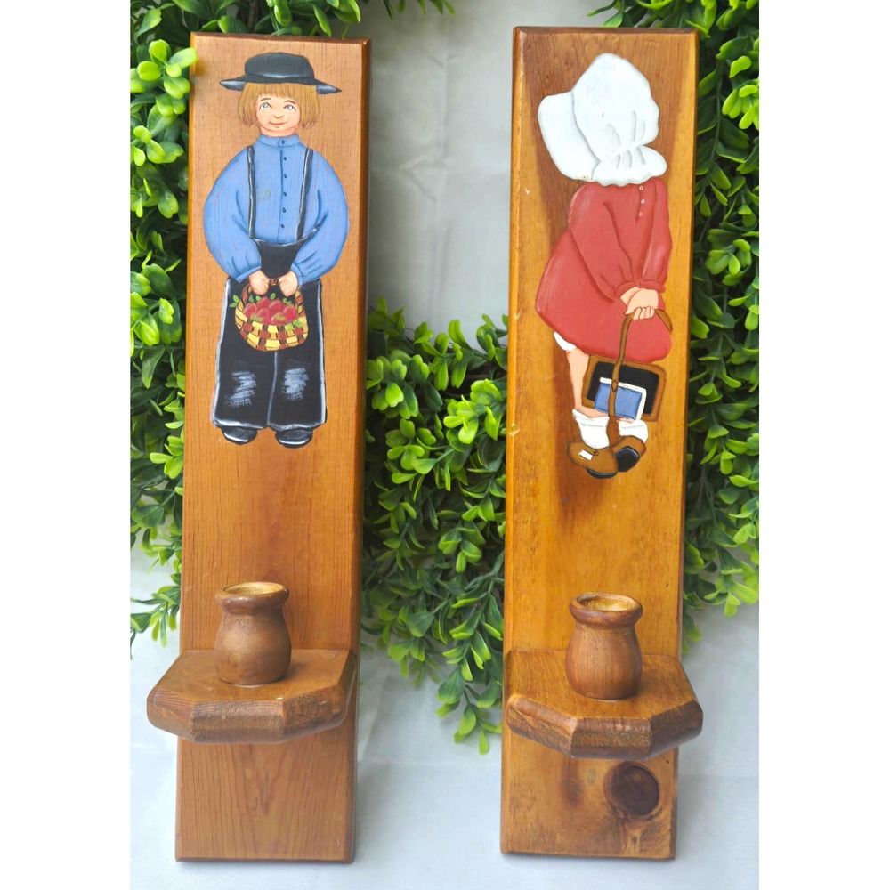 Vintage Boy & Girl Wood Candle Sconces Pair Hand Painted Folk Art 15.5" Cottage